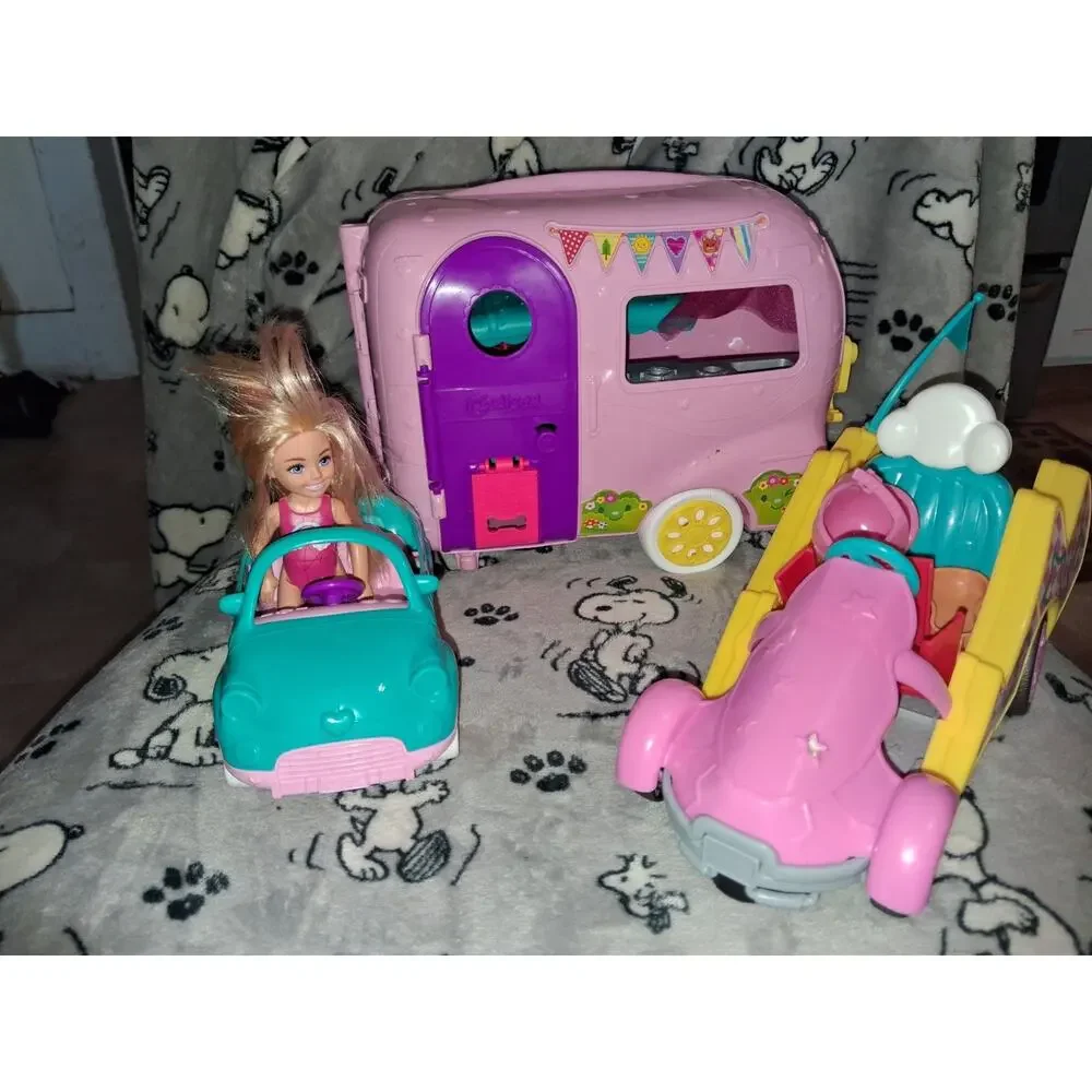 Barbie Pink Chelsea Camper Set With Doll, Racecar, And Accessories